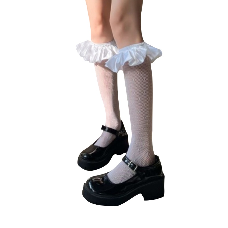 Youyo Tất Lưới Chấm Bi Phối Bèo Satin Phong Cách Lolita Nhật Bản Dễ Thương Cho Nữ