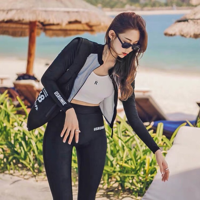 Set đồ bơi dài tay quần dài cạp cao áo khoác sọc ngang | BigBuy360 - bigbuy360.vn