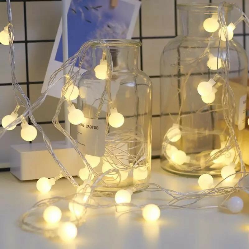 Dây Đèn Trang Trí Bóng Led Tròn Cherry Ball 6m 40 Bóng Tròn Màu Vàng Nắng Ấm Áp Dùng Pin 2A Chịu Nước