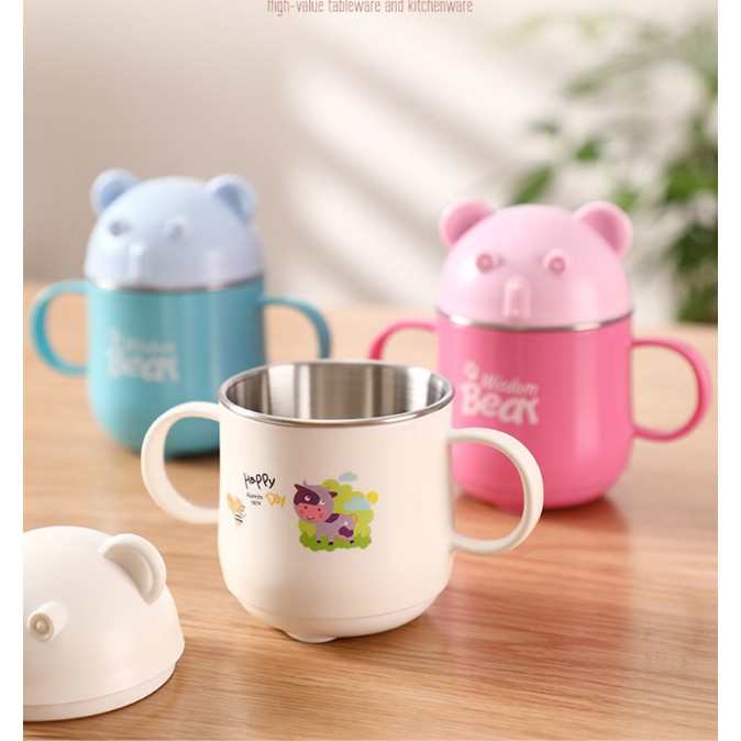 Ly nhựa trẻ em lòng inox ko gỉ 304 có quai cầm kèm nắp hình gấu tránh côn trùng an toàn cho bé màu hồng và xanh dễ thươn
