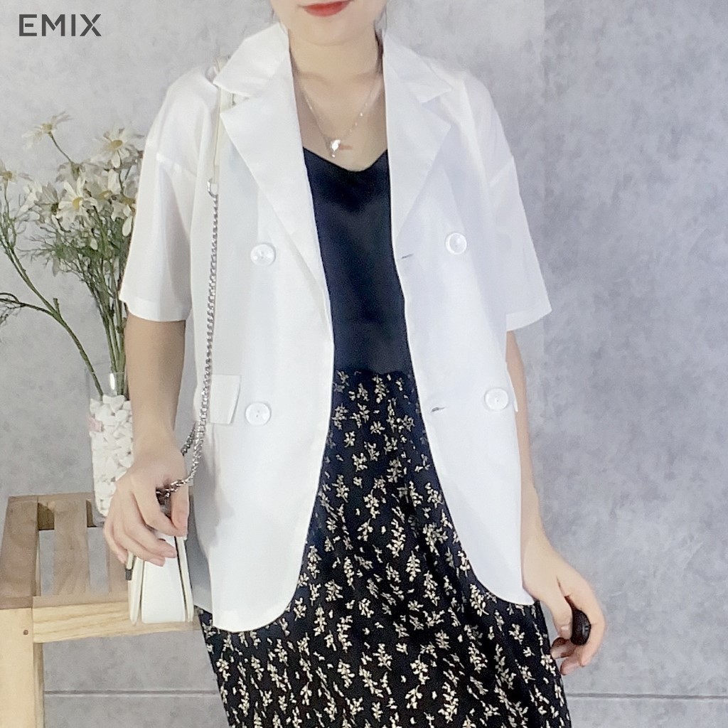 Áo khoác cổ vest EMIX (màu trắng), blazer, không có túi, cộc tay, form rộng, dáng dài, chất trượt hàn mềm mịn