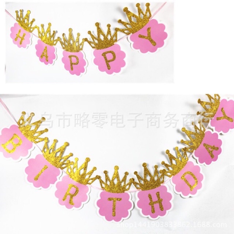 Dây chữ sinh nhật happy birthday hình vuơng miện kim tuyến lấp lánh màu pastel xanh hồng