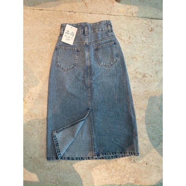 Chân váy bò jean dài 2 khuy cạp cao xẻ sau siêu xinh L1 mh