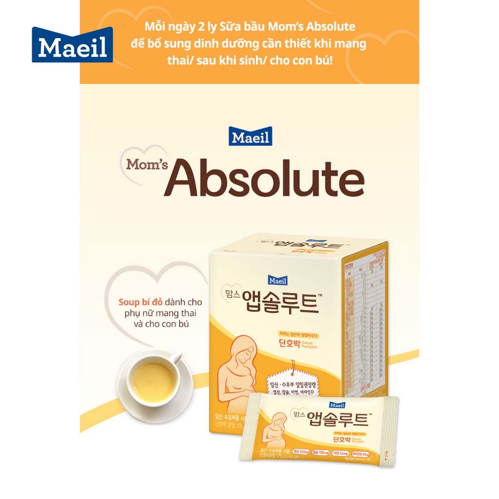 Sữa Bầu MAEIL Mom’s Absolute Hàn Quốc Hương Bí Ngô, Bố Sung Các Dưỡng Chất, Vị Ngon Dễ Uống  (10 Gói x 20g)