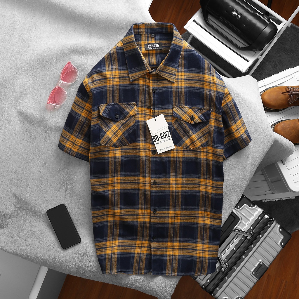 Áo sơ mi nam vải nỉ bigsize caro tay ngắn 6 màu 80 - 130kg