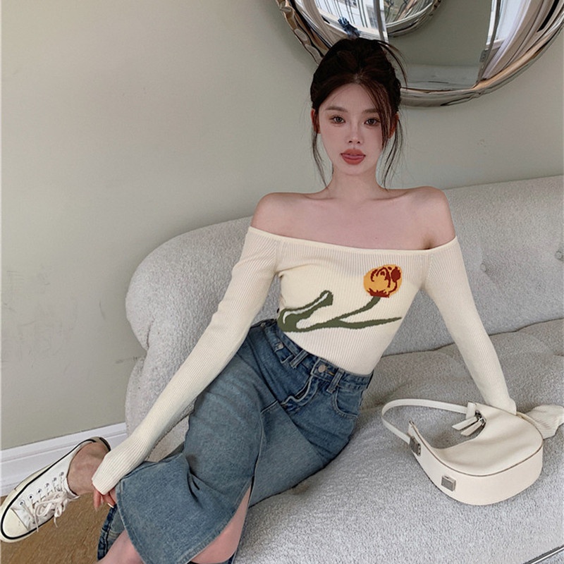 Áo Dệt Kim Tay Dài Cổ Lọ Thiết Kế Trễ Vai Quyến Rũ