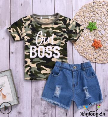 Set Áo Thun Ngắn Tay + Quần Short Denim Họa Tiết Rằn Ri Thời Trang Dành Cho Nữ