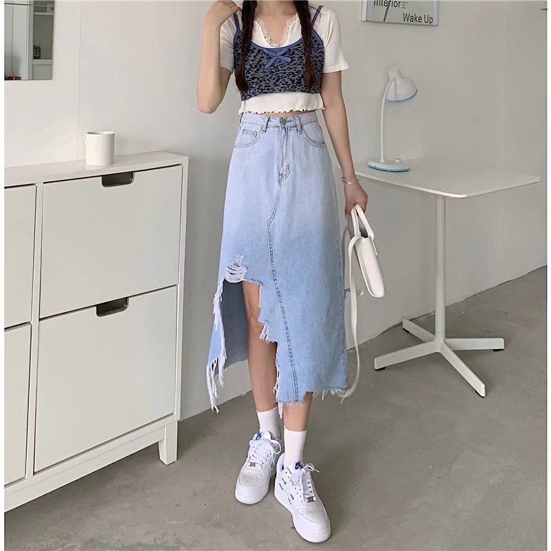 COZOK Chân váy jean Lưng Cao Màu Gradient Thiết Kế Xẻ Tà Xinh Xắn