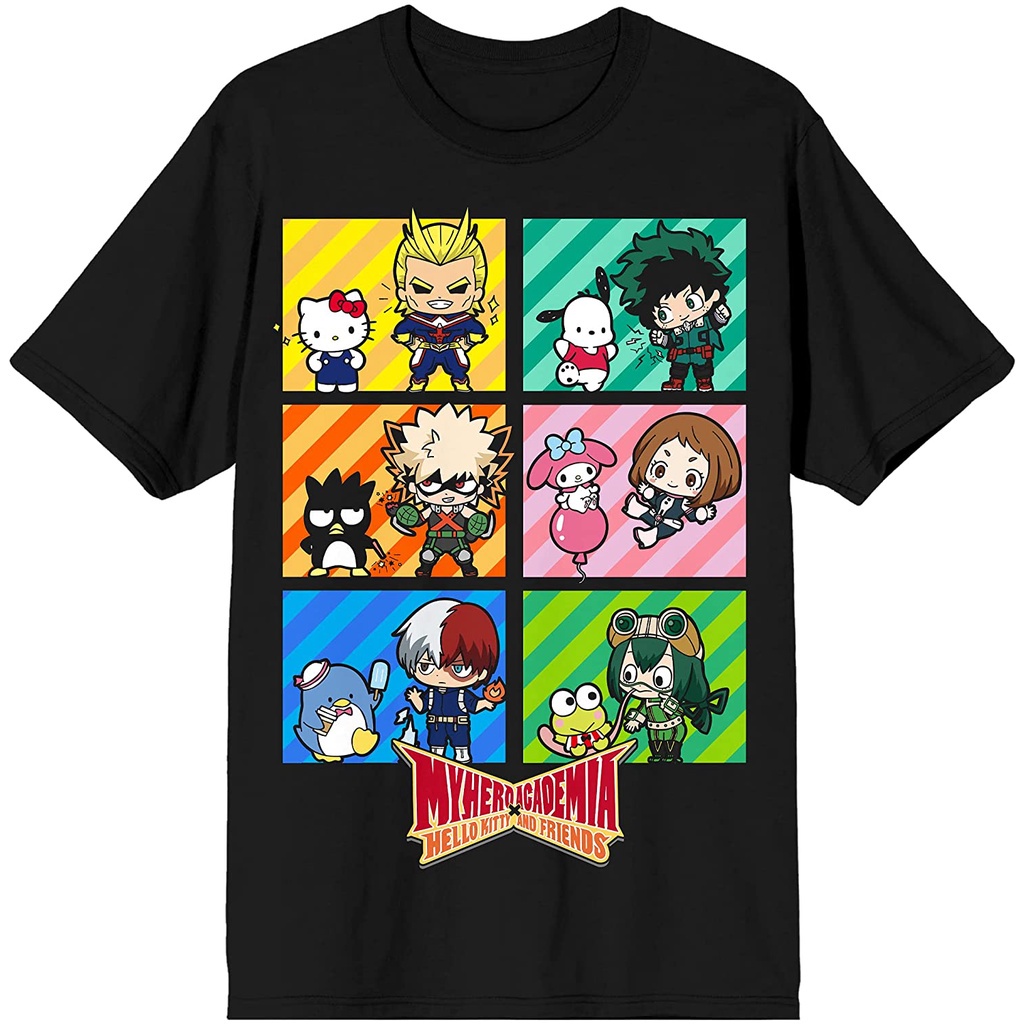 Áo Thun Đen Tay Ngắn Cổ Tròn In Hình Hello Kitty & My Hero Academia Dành Cho Nam