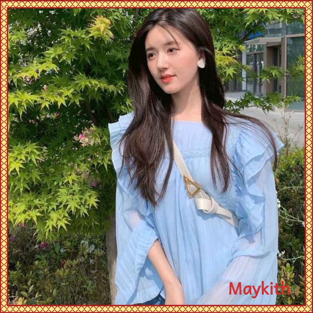 (có ảnh thật khách nhà mình feedback) Áo sơ mi kiểu cổ vuông viền bèo xinh, ống tay rộng có rút dây ~ Hàng order