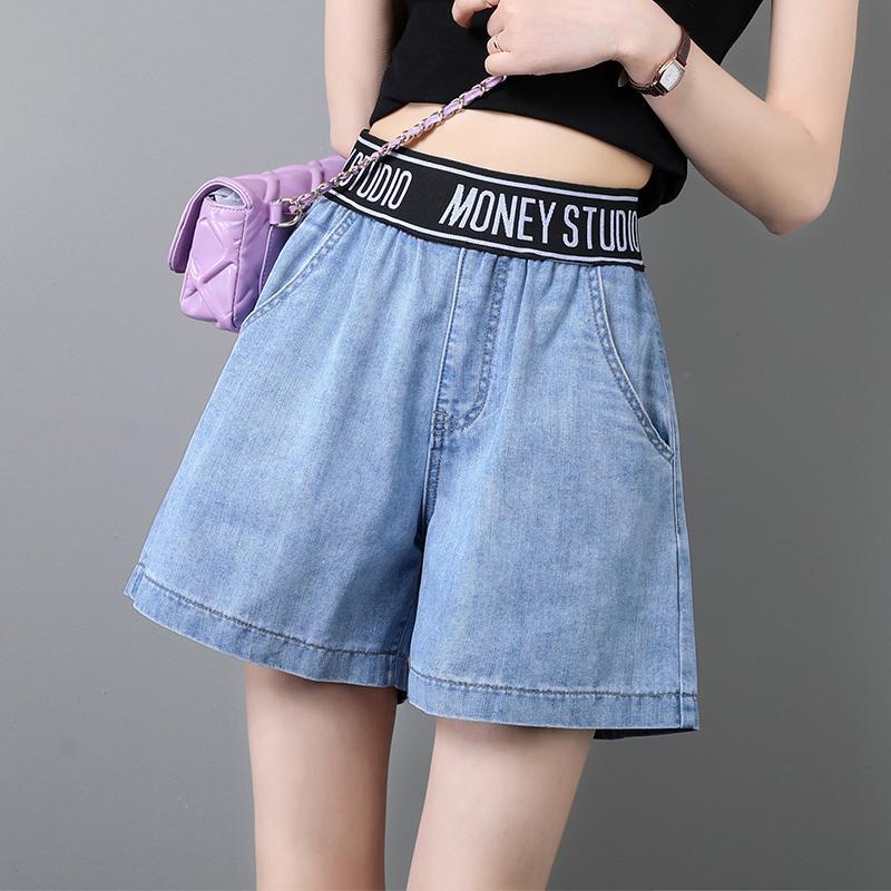 Women's elastic waist denim shorts 2022 summer new high waist slimming loose Korean style thin student wide leg hot pants