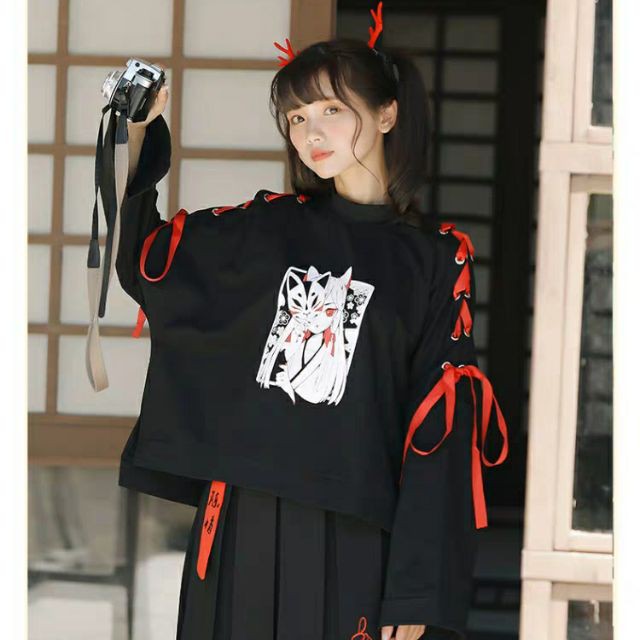 (Sẵn M) Áo thun dài tay phối dây buộc phong cách anime Nhật Bản cách tân