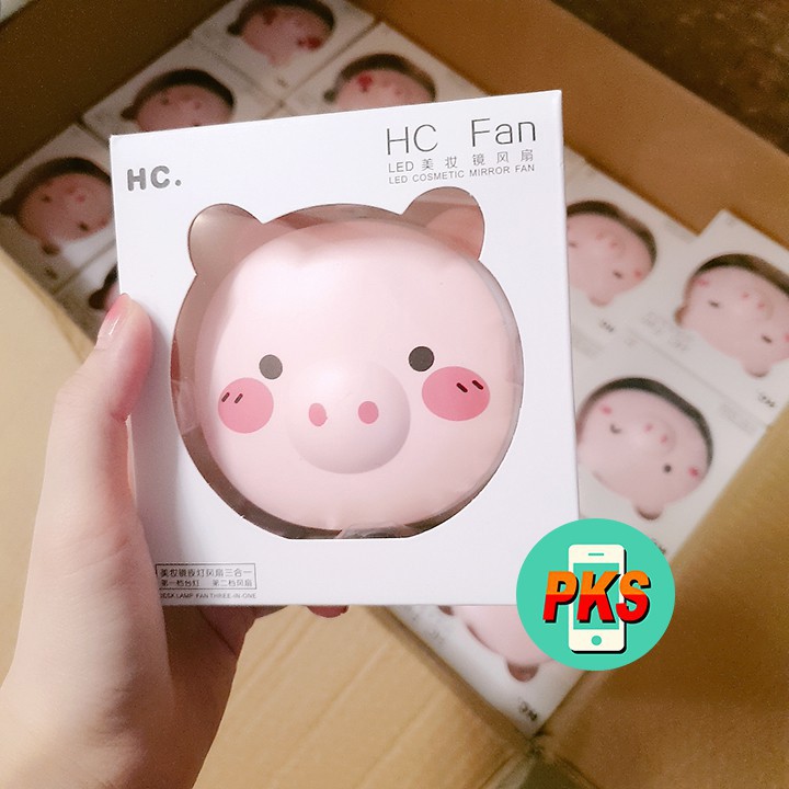 Quạt mini cầm tay lợn kèm gương và đèn LED siêu dễ thương | BigBuy360 - bigbuy360.vn