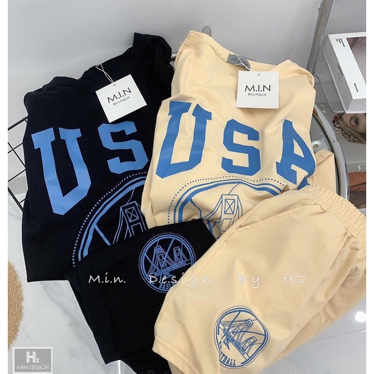 Bộ Đùi Tay Lỡ Quần Sọc USA Dáng Rộng Thụng Unisex Nam Nữ Kiểu Dáng Thể Thao Tập Gym Năng Động Freesize