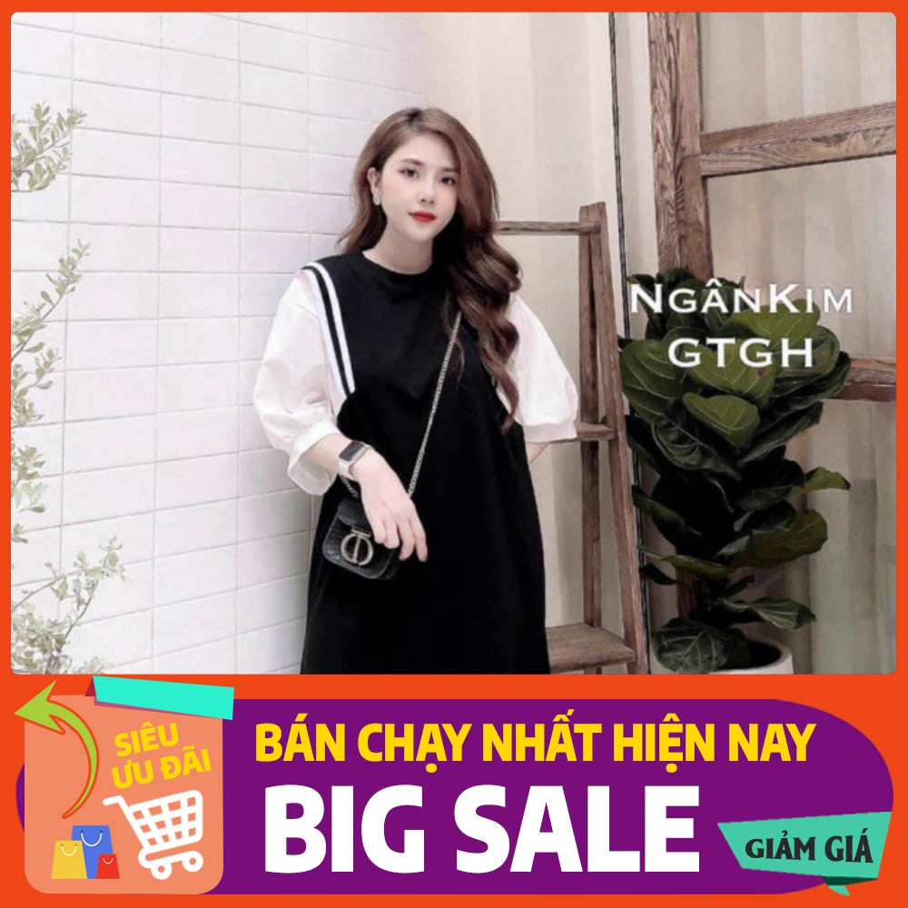 [ Mã FAMAYWA giảm 10K đơn 50K] đầm nữ phối tay lỡ bo viền chất đũi - bầu bí bon chen thoải mái hót hít