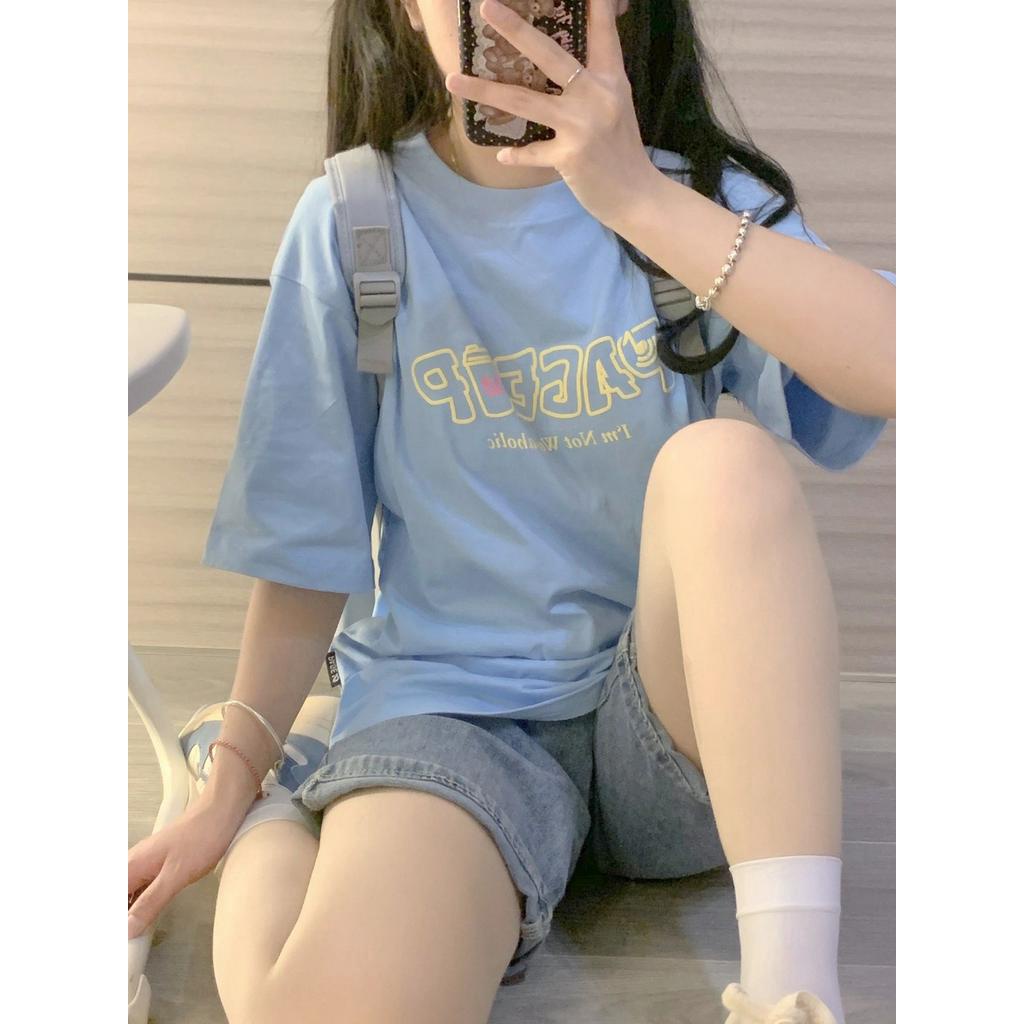 62193 Áo Thun Tay Ngắn Màu Xanh Nguyên Chất Cotton