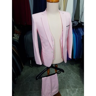 Bộ vest nam ôm body màu hồng + gile + cà vạt nơ