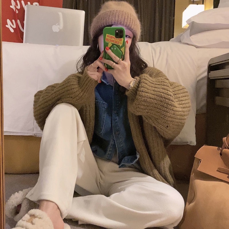 Áo Khoác Cardigan Dáng Rộng Cổ Chữ V Mềm Mại Xinh Xắn Cho Nữ