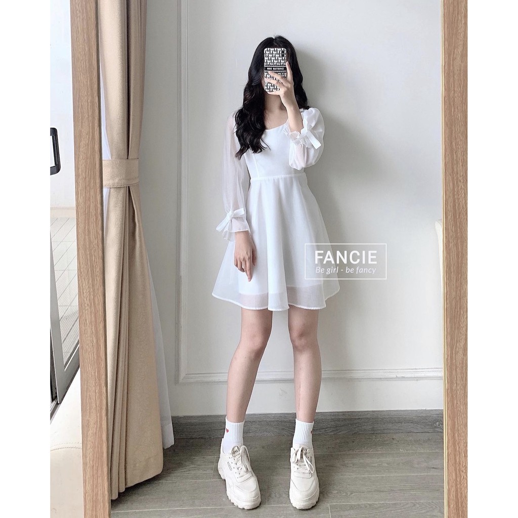 [có video][vải xịn loại 1] Đầm thiết kế đầm nữ trắng dáng xòe dạo phố, dự tiệc rất đẹp phối nút bọc tay nơ | BigBuy360 - bigbuy360.vn