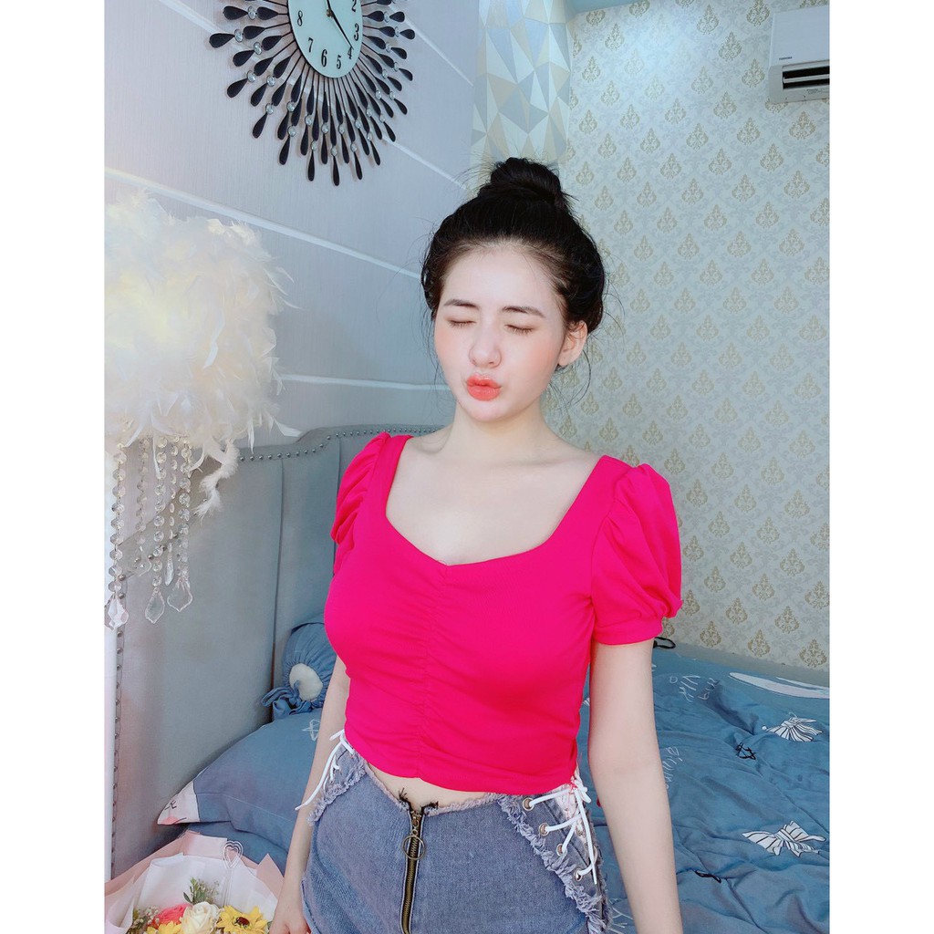 áo thun bozip croptop hở lưng v rút dây ngang sau xinh xắn kèm mút