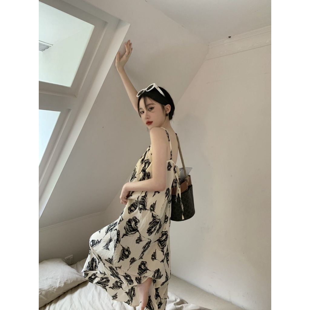 Đầm Chữ A Không Tay Hở Vai In Họa Tiết Thời Trang Phong Cách Hàn Quốc Cho Nữ