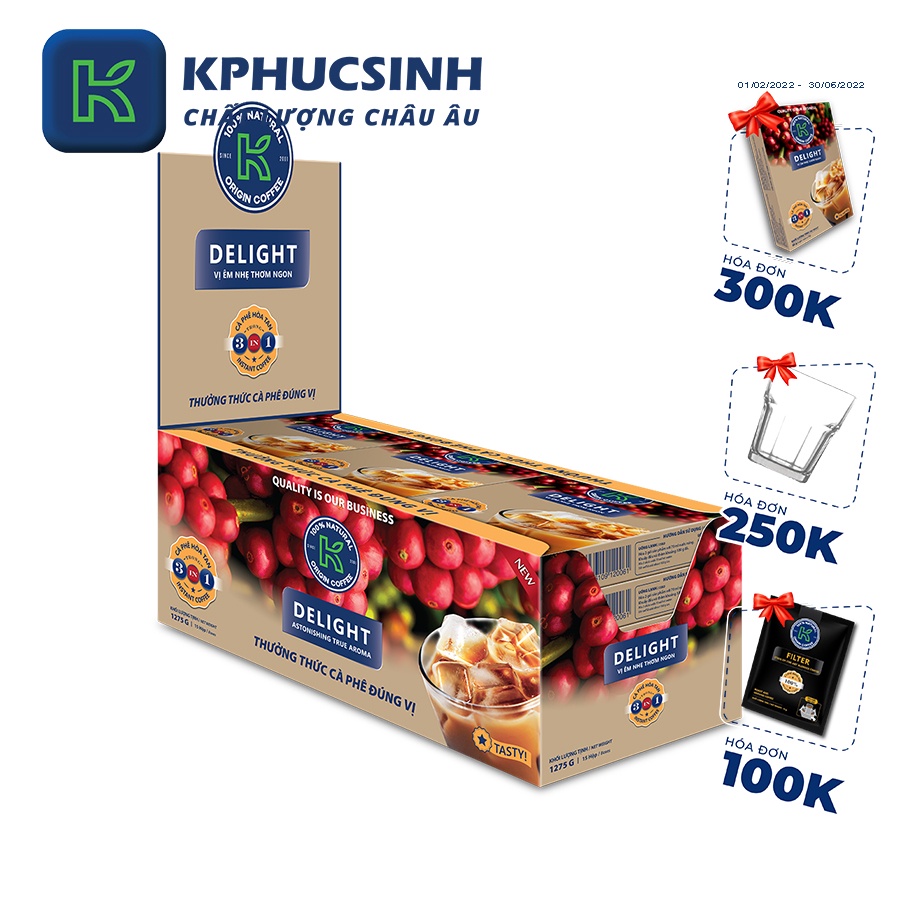 Cà phê sữa hòa tan K Delight 3in1 1275g/hộp KPHUCSINH - Hàng Chính Hãng