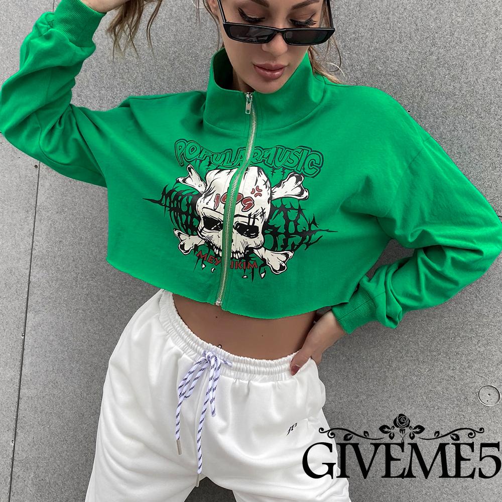 Áo Croptop Tay Dài In Hình Đầu Lâu Sáng Tạo Có Khóa Kéo Cho Nữ