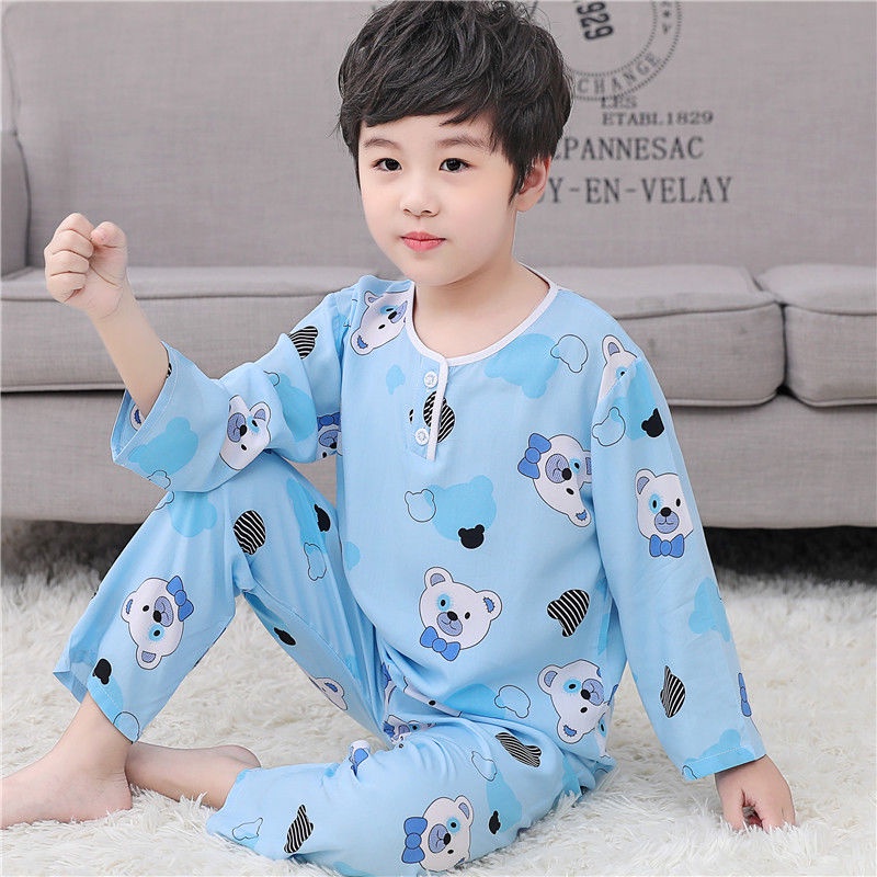 F. Bán Nóng✟♠Bộ Đồ Ngủ Tay Dài Vải Cotton Lụa Mỏng Thời Trang Mùa Hè Dành Cho Bé Trai Và Bé Gái
