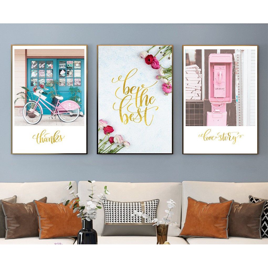 Bộ 3 Tranh Treo Tường Hoa Hồng Xe Đẹp Màu Xanh Dương - Giá Rẻ Tranh Dán Tường- Trang Trí Decor Phòng Ngủ- Melyhome