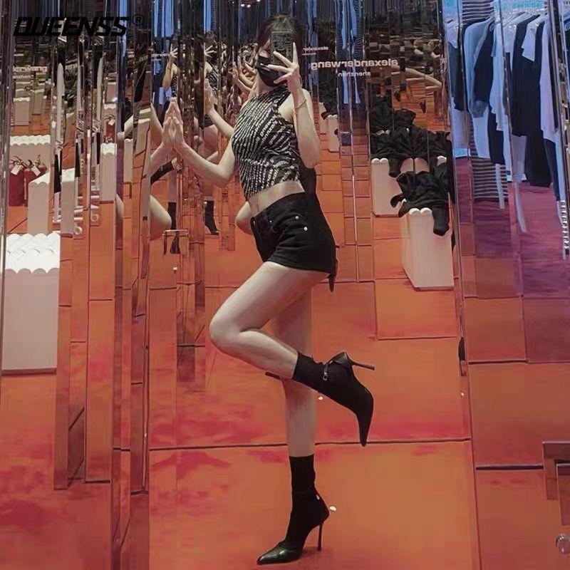 Giày Bốt Cao Gót Mũi Nhọn Màu Đen Phối Khóa Cài Thời Trang Mùa Thu 2022 Cá Tính Cho Nữ