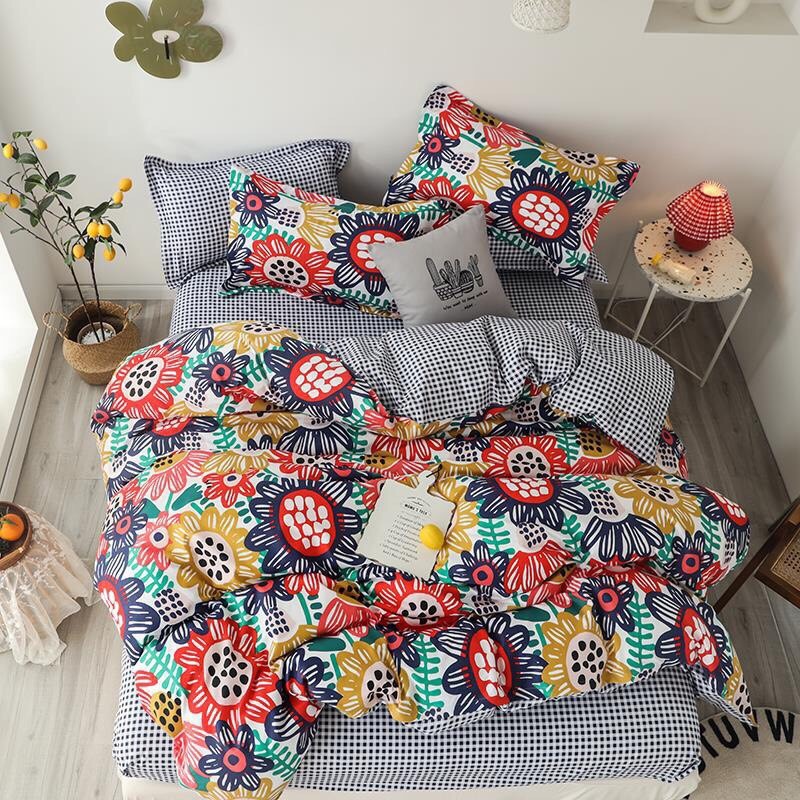 Bộ chăn ga gối drap giường chất cotton poly họa tiết hình vẽ hướng dương nhiều màu