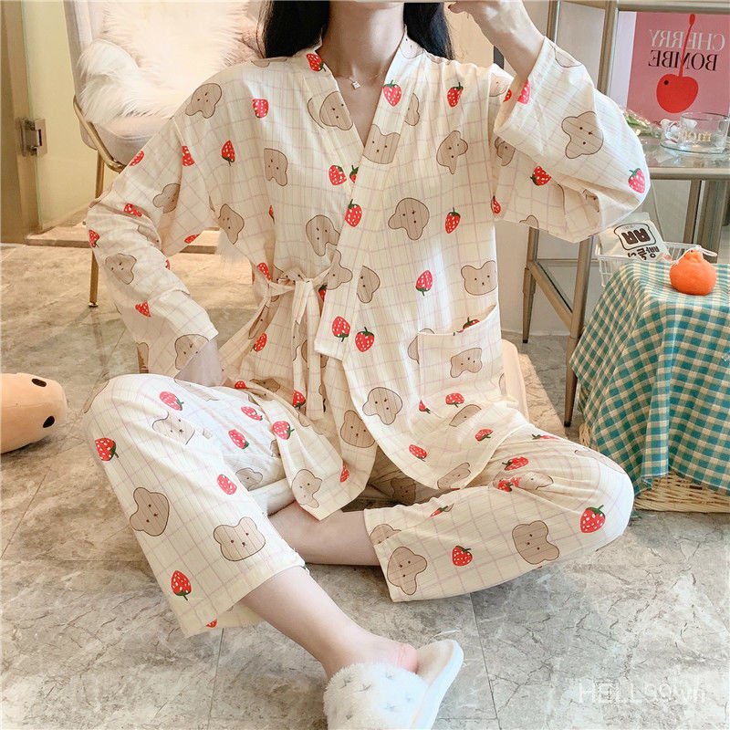 Long Sleeve Pajamas Set Japanese Kimono Style Cute Spring Autumn Fashion For Women