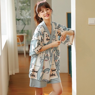 Bộ Đồ Ngủ Kimono 100% Cotton In Họa Tiết Dễ Thương Thời Trang Mùa Hè Cho Nữ