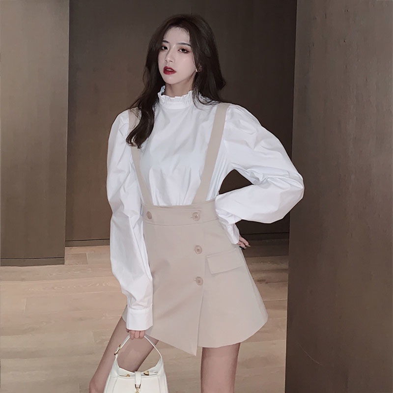 Set Áo Sơ Mi Trắng Và Đầm Yếm Thiết Kế Mới Xinh Xắn Thời Trang Dành Cho Nữ