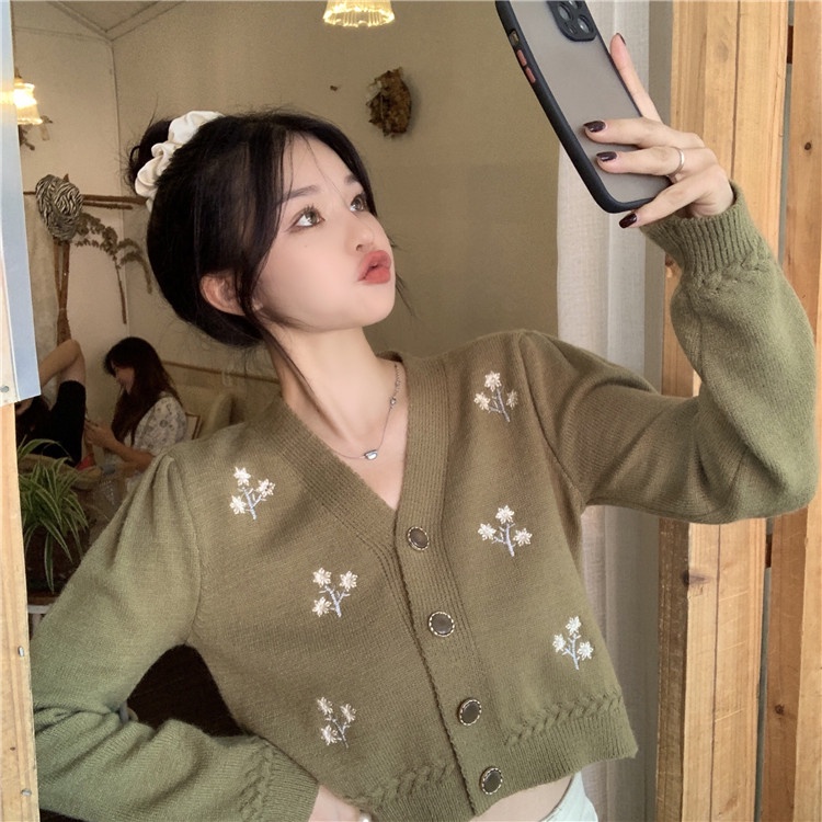 Áo Cardigan Dệt Kim Tay Dài Thêu Họa Tiết Phong Cách Hàn Quốc Dễ Phối Đồ