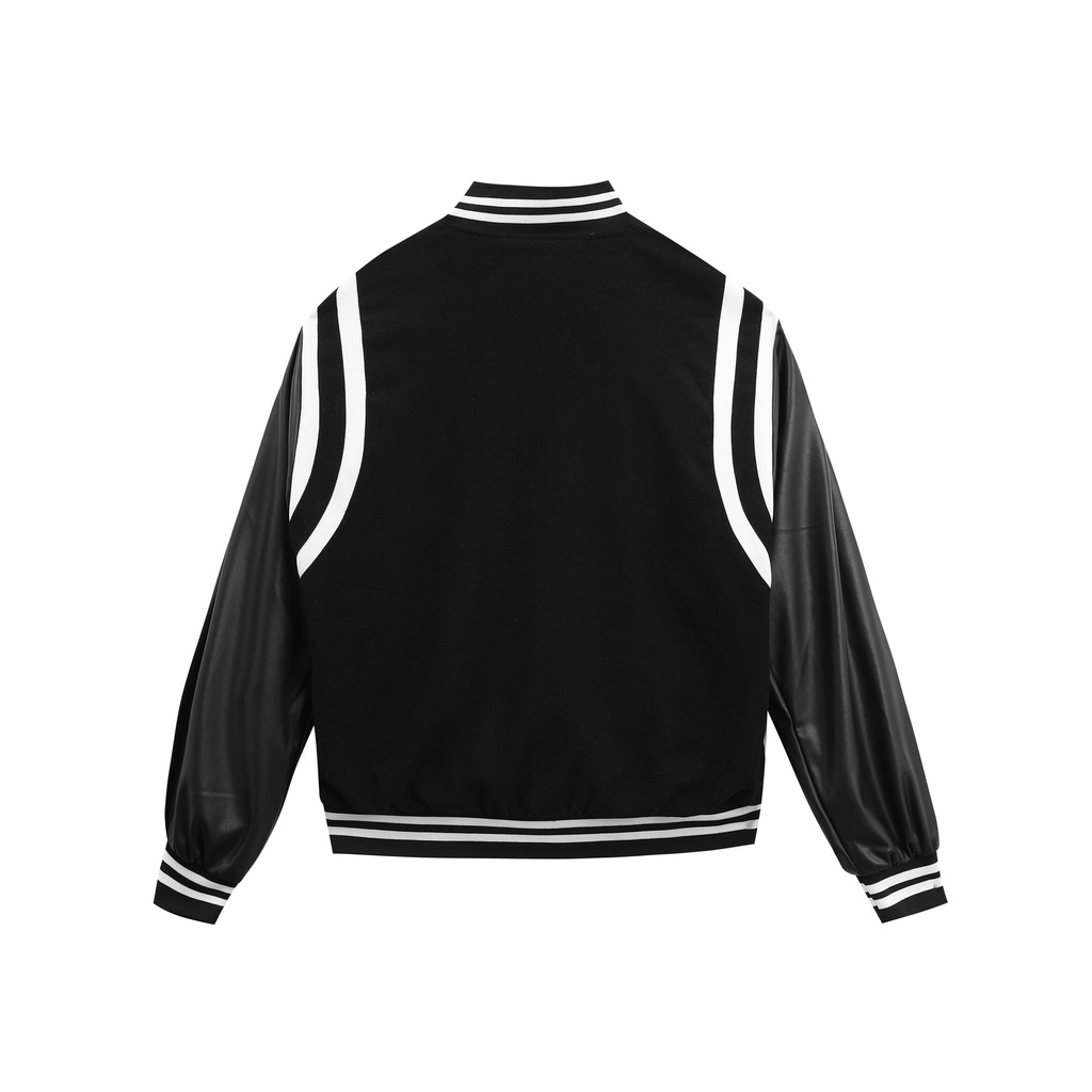 Áo Khóac Form Rộng Nỉ Phối tay da Jacket Varsity V19 - Màu Đen