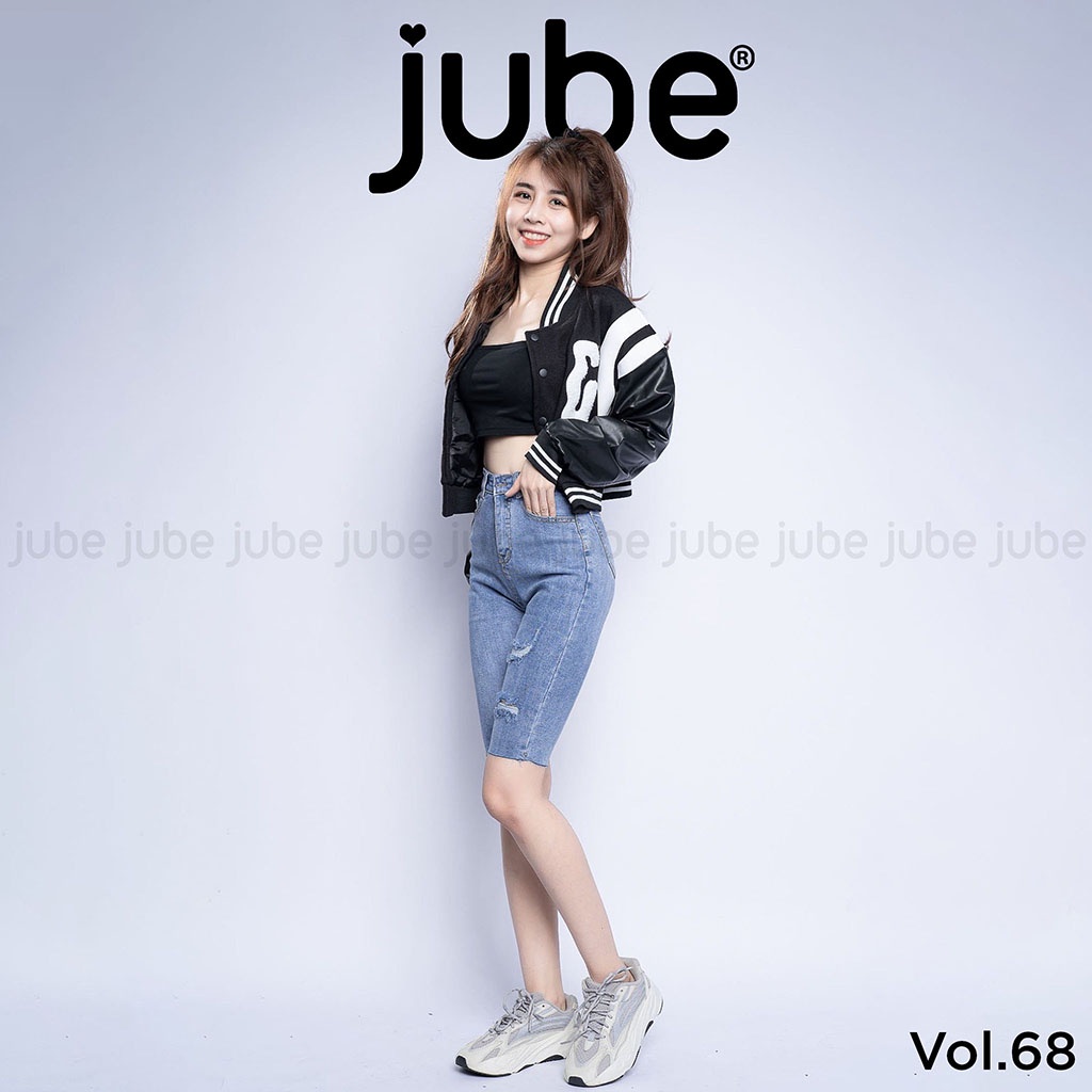Quần Jean Ngố Nữ Lưng Cao JUBE Vol.68, Quần Lửng Nữ Skinny Rách Cắt Gấu Vải Jeans Giãn Hack Dáng, BST Signature Jeans