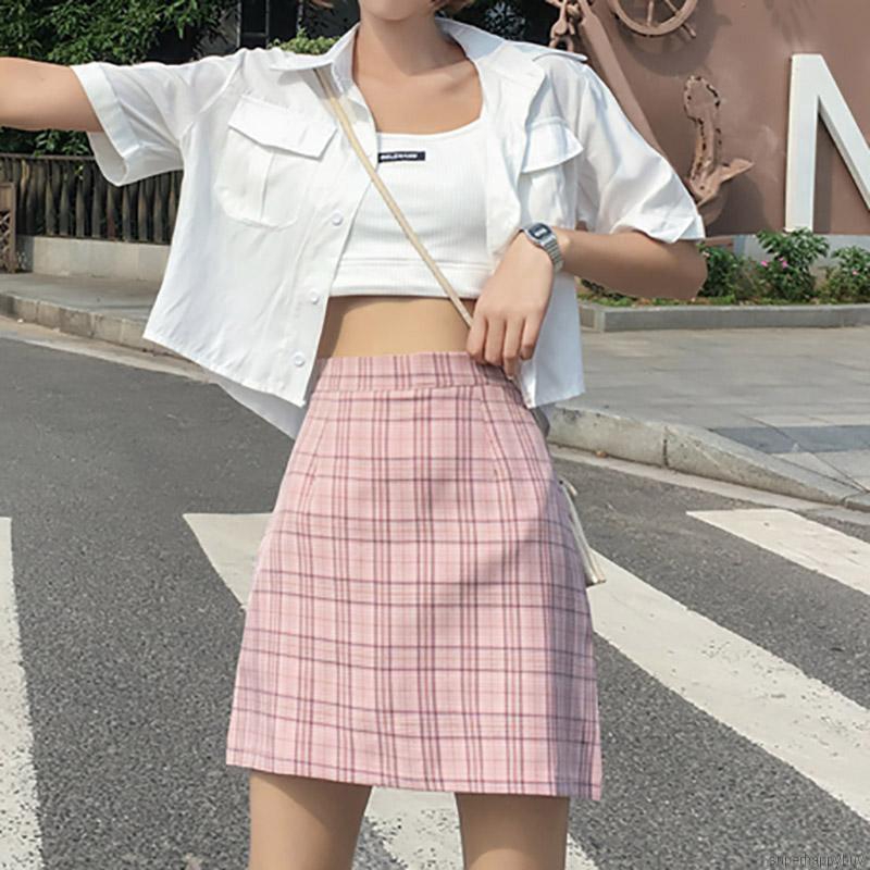 Chân váy chữ A sọc ca rô lưng cao phong cách vintage