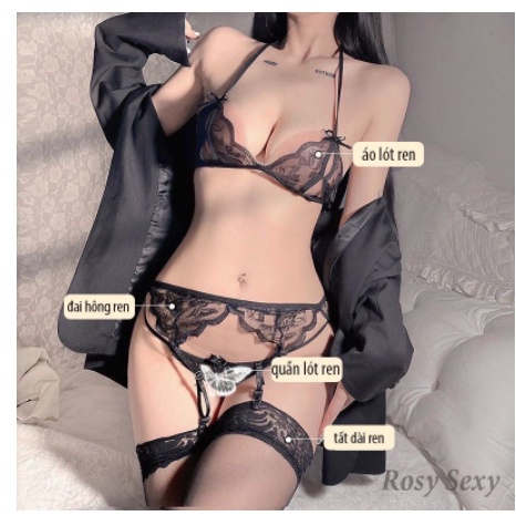 Che tên sp - Bộ đồ lót đai dây hông gợi cảm kèm tất ren cùng màu