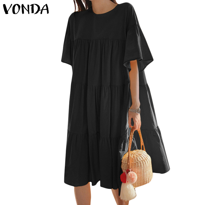 Đầm Tay Ngắn VONDA Màu Trơn Thiết Kế Dáng Rộng Phong Cách Hàn Quốc | BigBuy360 - bigbuy360.vn