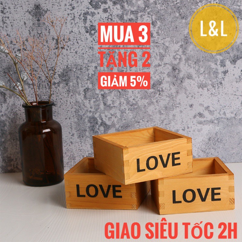 Chậu gỗ LOVE hình chữ nhật trồng cây cảnh cây cảnh nội thất, tiểu cảnh sen đá, xương rồng, cây cảnh để bàn