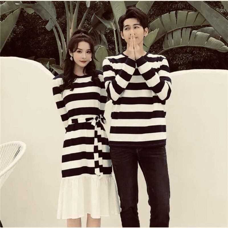 Áo váy thun đôi kẻ sọc tay dài kín đáo