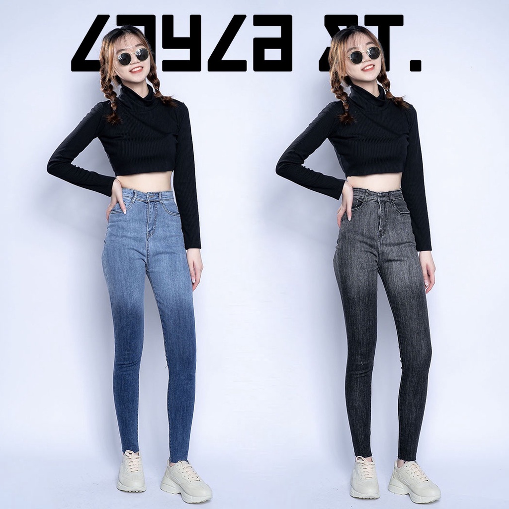 Quần Jean Nữ Lưng Cao Loang Màu Lai Tua Layla Ver.015, Denim Dài Ôm Co Giãn Trơn Ombre Tôn Dáng Cắt Gấu Ulzzang