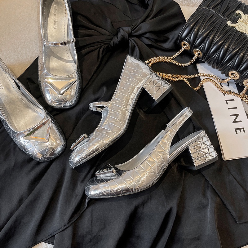 Giày Cao Gót Mary Jane Gót Dày Quai Sau Lưng Màu Bạc Phong Cách Retro Gợi Cảm Thoải Mái Cho Nữ