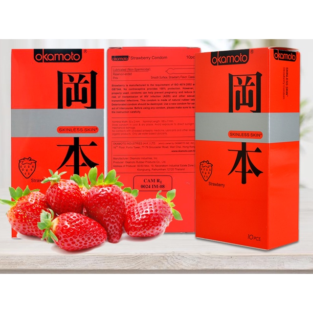 Bao cao su Okamoto Skinless Skin Strawberry, bcs hương dâu siêu mỏng kéo dài thời gian