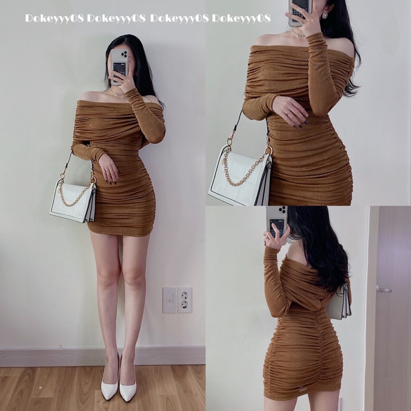 Váy body trễ vai chun rúm 637