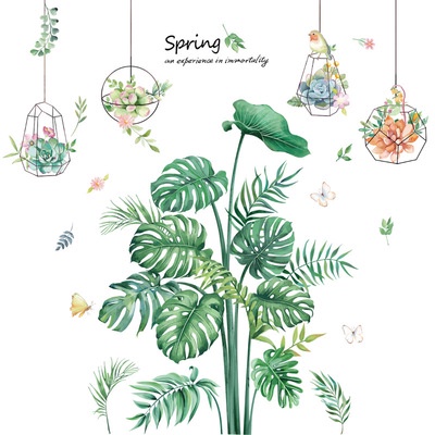 Decal  dán tường tán cây và những giỏ hoa