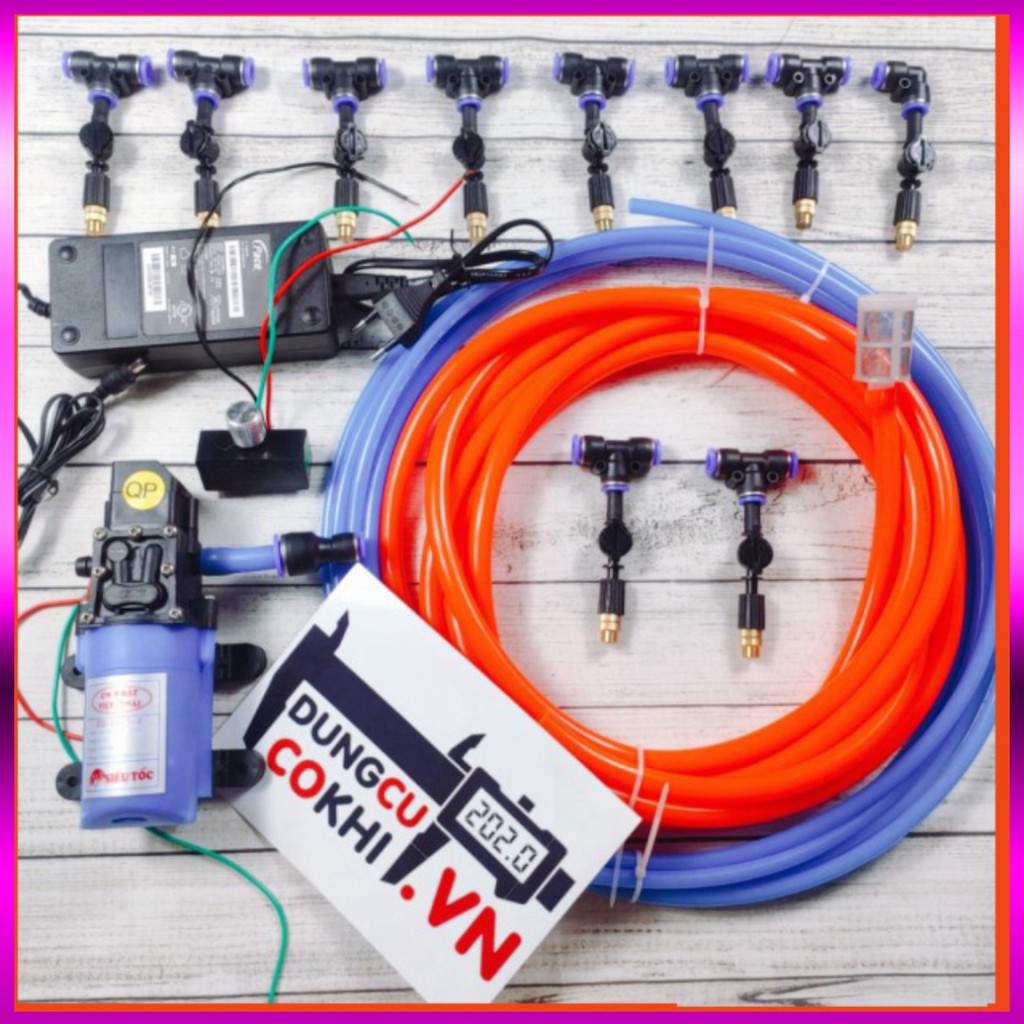 bộ máy bơm phun sương 12v, 10 béc 1 tia đồng, có chống nhỏ giọt/ 15m dây, đầy đủ phụ kiện, làm mát, tưới lan