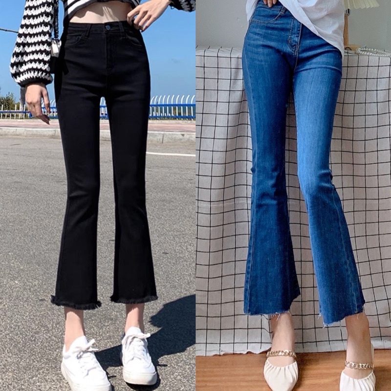 Quần Jeans Ống Loe Nữ 2 Màu Đen Trắng Cạp Cao Fullsize Co giãn