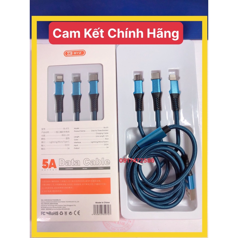 Dây sạc nhanh ĐA NĂNG BYZ 3 ĐẦU ( IP-C-V8) Chính Hãng, bảo hành 12 tháng